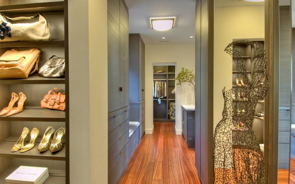 Modernes Ankleidezimmer mit offenen Schränken, braunem Holzboden und Ankleidebereich in San Francisco