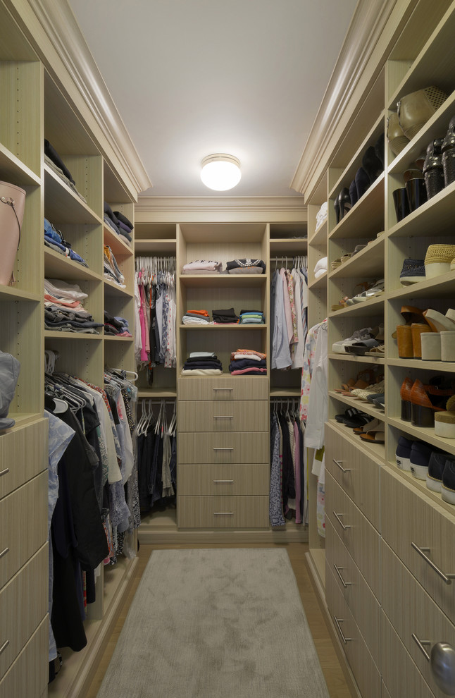 Large trendy gender-neutral carpeted walk-in closet photo in New York with flat-panel cabinets and light wood cabinets