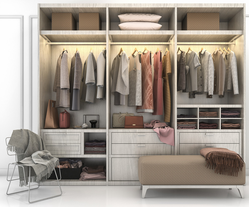 Imagen de armario vestidor unisex contemporáneo grande con armarios con paneles lisos, puertas de armario grises y suelo blanco