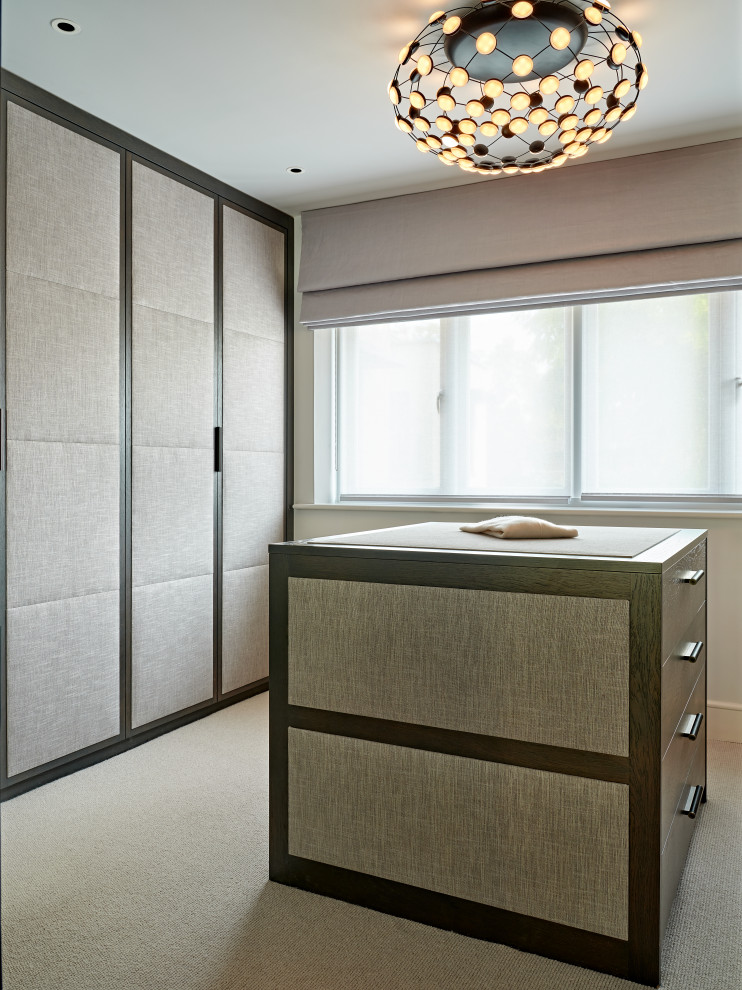 Inspiration for a medium sized contemporary gender neutral walk-in wardrobe in London with raised-panel cabinets, dark wood cabinets, carpet and beige floors.