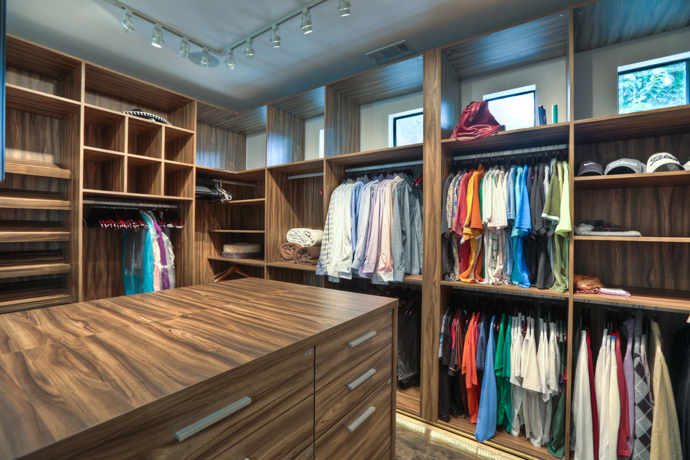 Inspiration for a contemporary walk-in wardrobe in Houston.