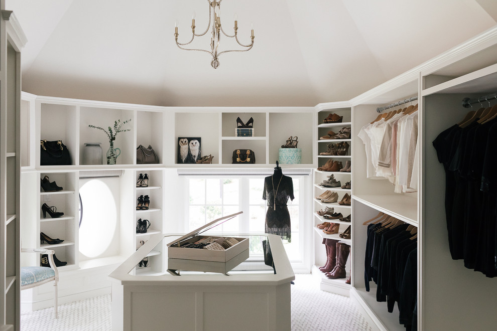 Walk-in closet - large transitional women's carpeted and white floor walk-in closet idea in Atlanta with open cabinets and white cabinets