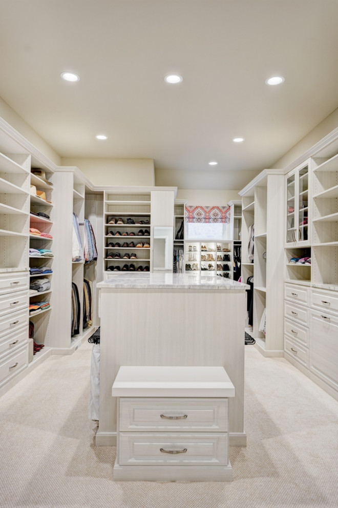 Cette image montre un grand dressing room traditionnel en bois clair neutre avec un placard avec porte à panneau surélevé, moquette et un sol beige.