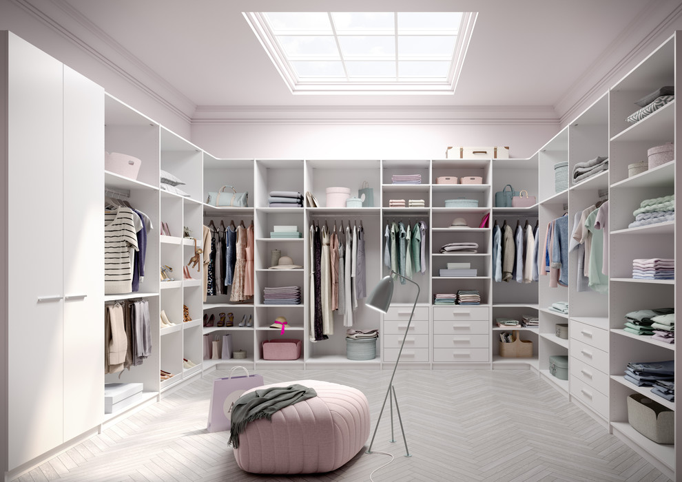 Walk-in closet - large modern gender-neutral porcelain tile and gray floor walk-in closet idea in Boston with open cabinets and white cabinets