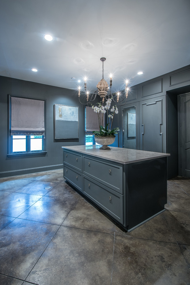 Large classic gender neutral walk-in wardrobe in Other with shaker cabinets and grey cabinets.