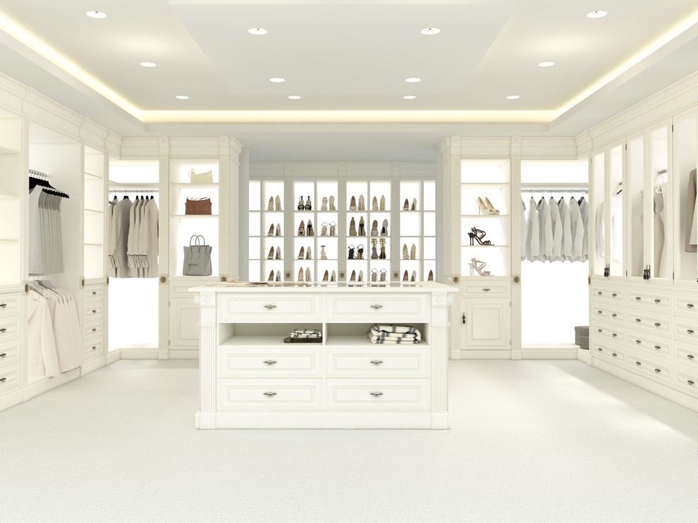 Example of a huge transitional women's carpeted and white floor dressing room design in Atlanta with raised-panel cabinets and white cabinets