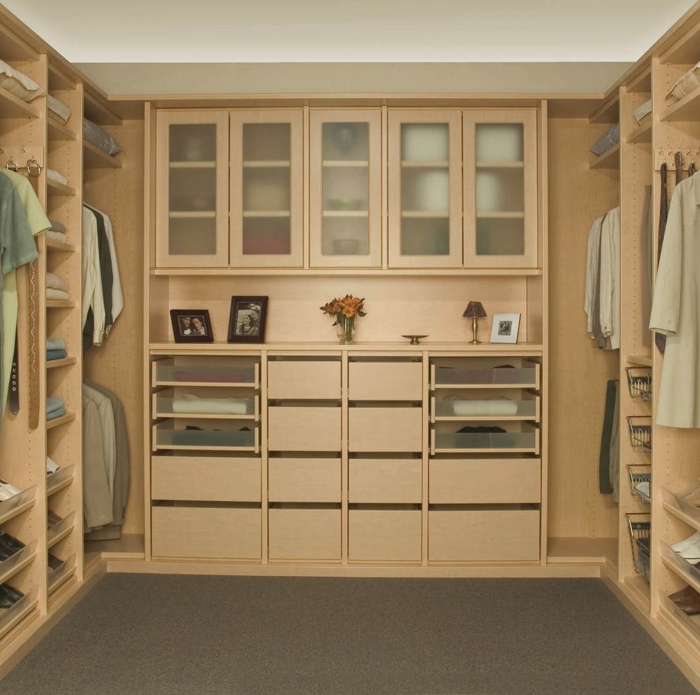 Источник вдохновения для домашнего уюта: шкаф в нише среднего размера, унисекс в современном стиле с темными деревянными фасадами и ковровым покрытием