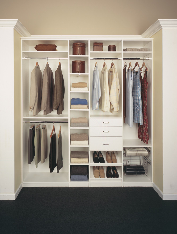 Design ideas for a medium sized contemporary gender neutral standard wardrobe in Los Angeles with carpet and white cabinets.