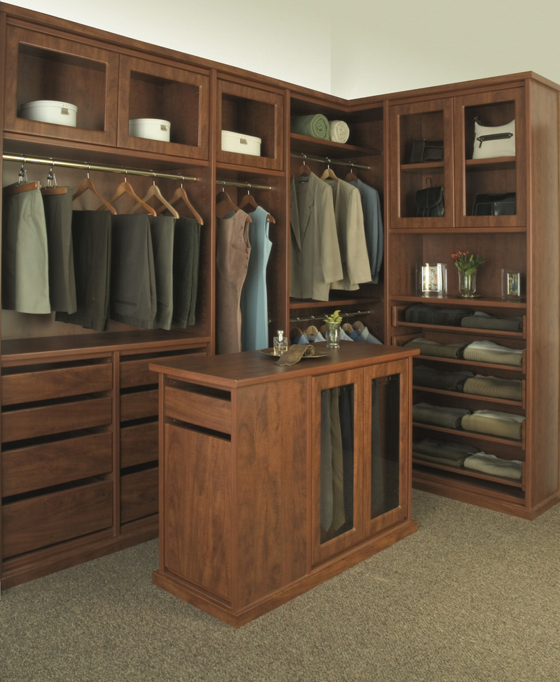 Inspiration for a mid-sized contemporary gender-neutral carpeted walk-in closet remodel in Los Angeles with dark wood cabinets