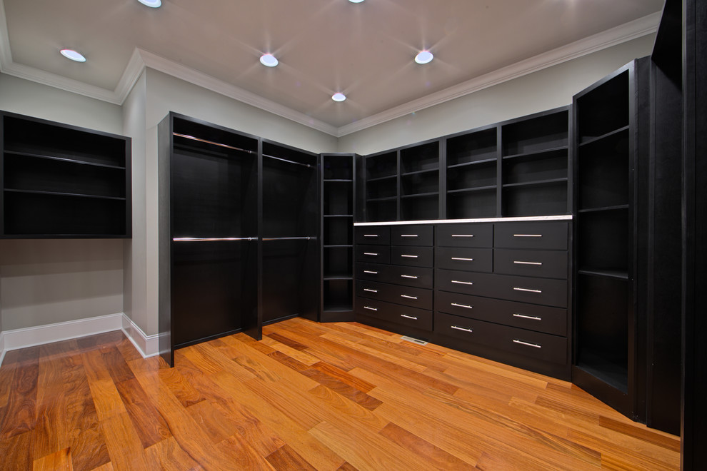 Example of a large arts and crafts gender-neutral medium tone wood floor walk-in closet design in Other with flat-panel cabinets and black cabinets