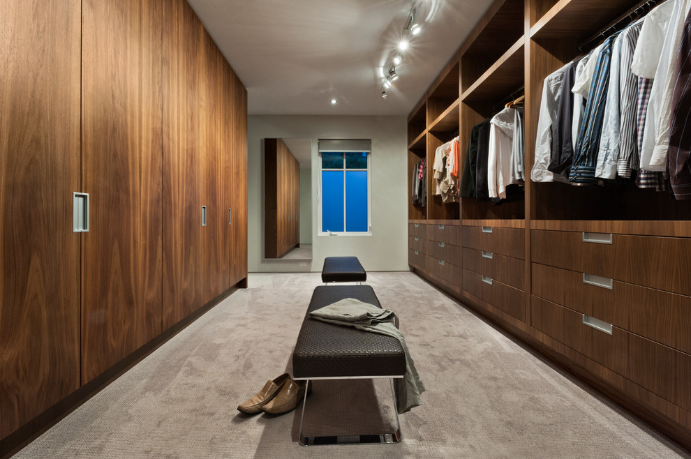 Ejemplo de vestidor unisex minimalista grande con armarios con paneles lisos, puertas de armario de madera oscura y moqueta