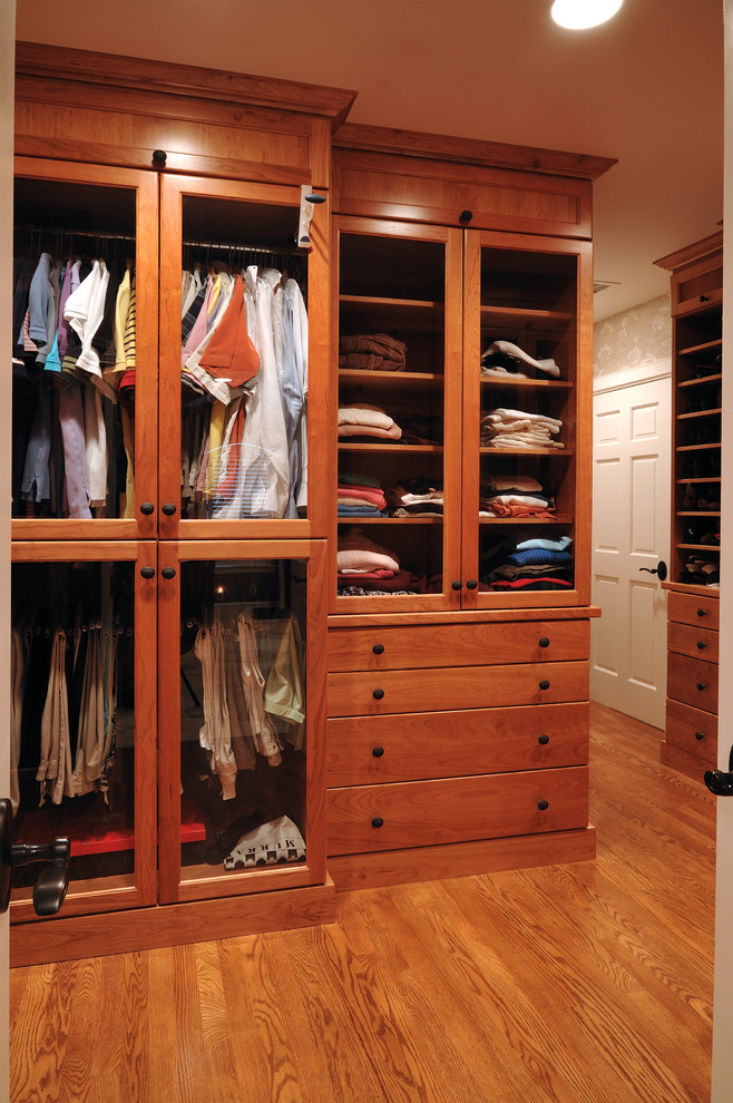 Ejemplo de armario vestidor unisex tradicional de tamaño medio con armarios con paneles lisos, puertas de armario de madera oscura y suelo de madera en tonos medios