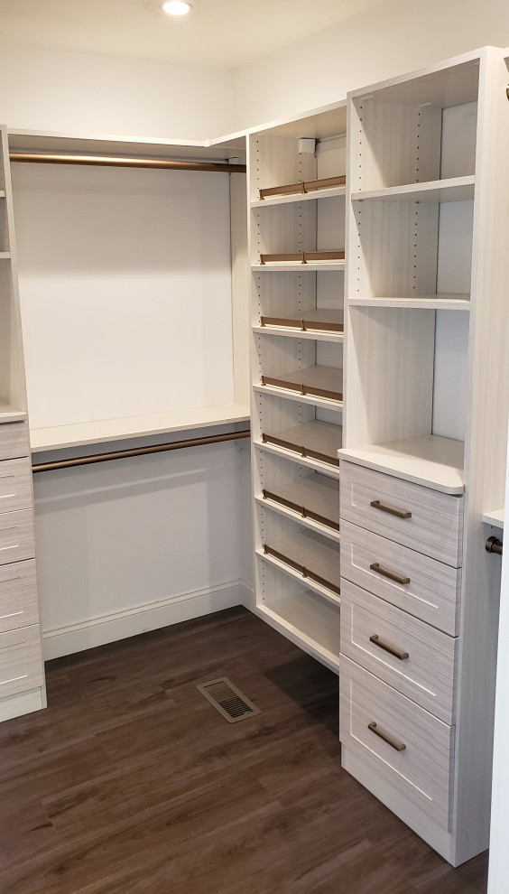 Custom master closet with full length mirror cabinet & matte gold ...