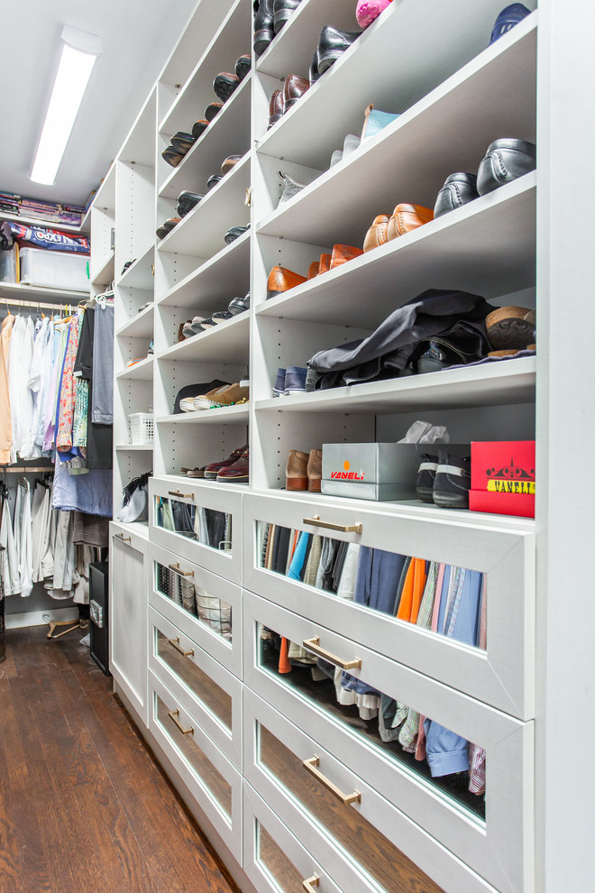 Imagen de armario vestidor unisex actual grande con armarios con paneles empotrados, puertas de armario grises, suelo de madera en tonos medios y suelo marrón