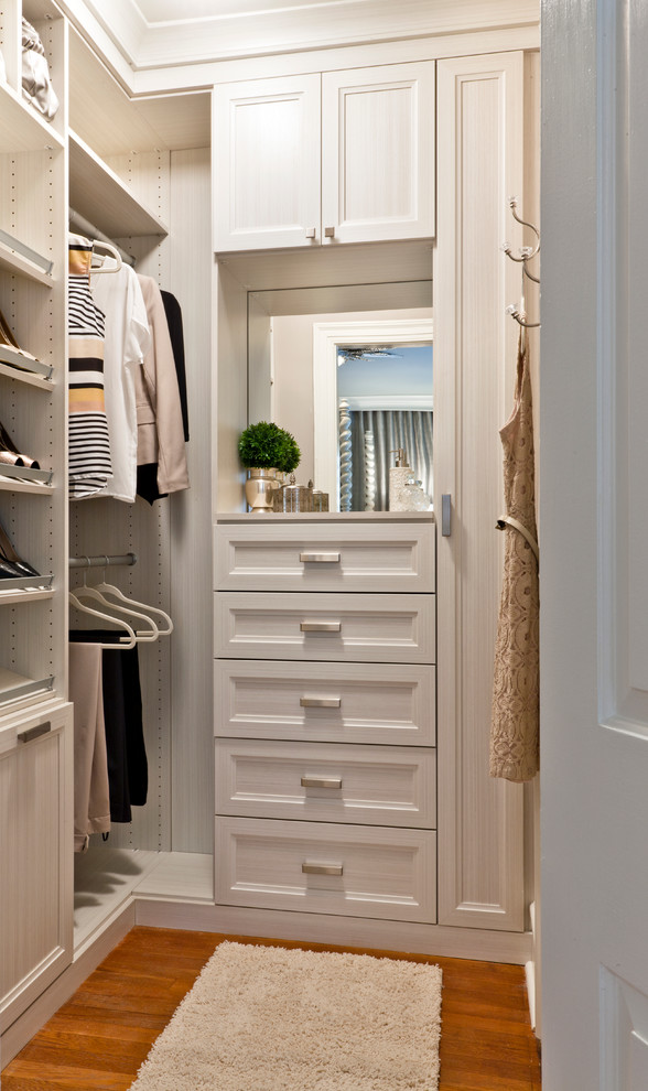 Diseño de armario vestidor de mujer tradicional renovado pequeño con armarios con paneles empotrados, puertas de armario beige y suelo de madera en tonos medios