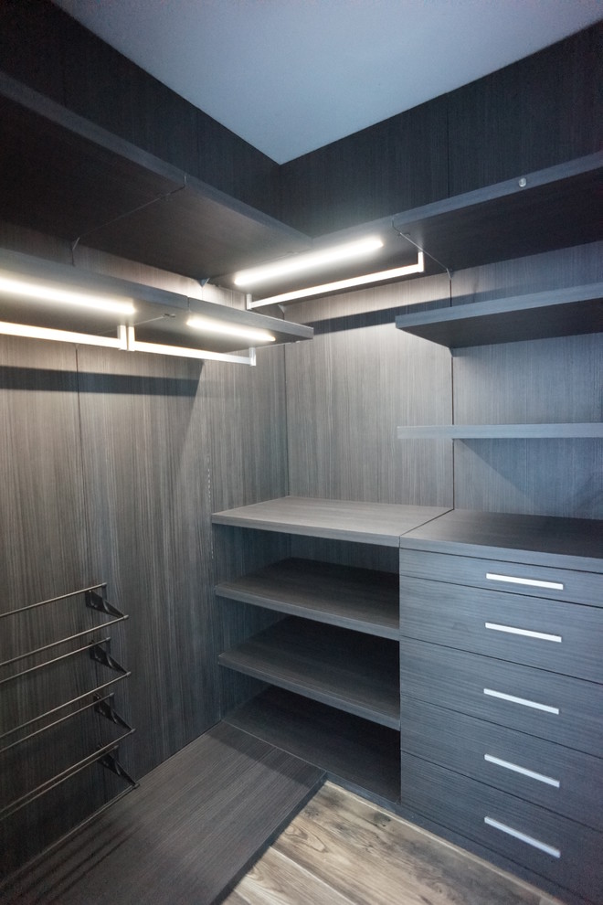 Ispirazione per una cabina armadio unisex moderna di medie dimensioni con ante lisce, ante in legno bruno e parquet scuro