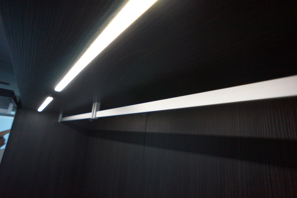 Immagine di una cabina armadio unisex minimalista di medie dimensioni con ante lisce, ante in legno bruno e parquet scuro