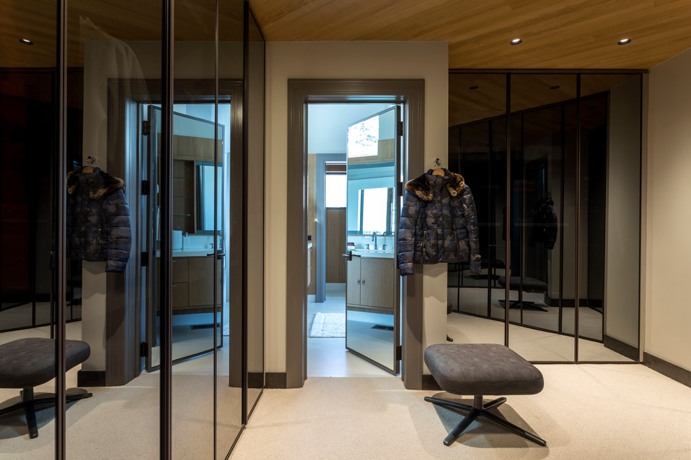 Photo of a large contemporary gender neutral walk-in wardrobe in Denver with glass-front cabinets and carpet.