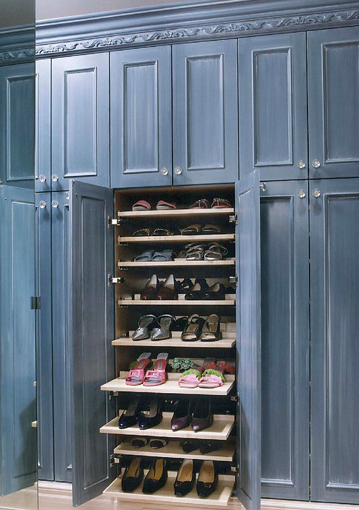 Inspiration for a huge transitional women's carpeted walk-in closet remodel in Other with recessed-panel cabinets and blue cabinets