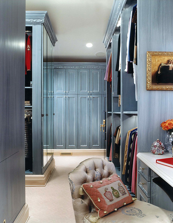 Huge transitional women's carpeted walk-in closet photo in Other with recessed-panel cabinets and blue cabinets