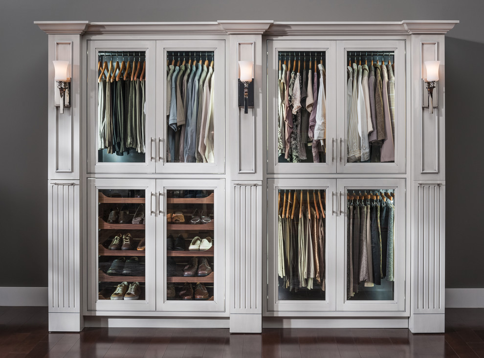 Dressing room - large traditional gender-neutral dressing room idea in Other with beaded inset cabinets and gray cabinets