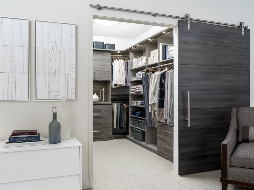 Imagen de armario vestidor unisex contemporáneo grande con armarios con paneles lisos, puertas de armario grises, moqueta y suelo beige