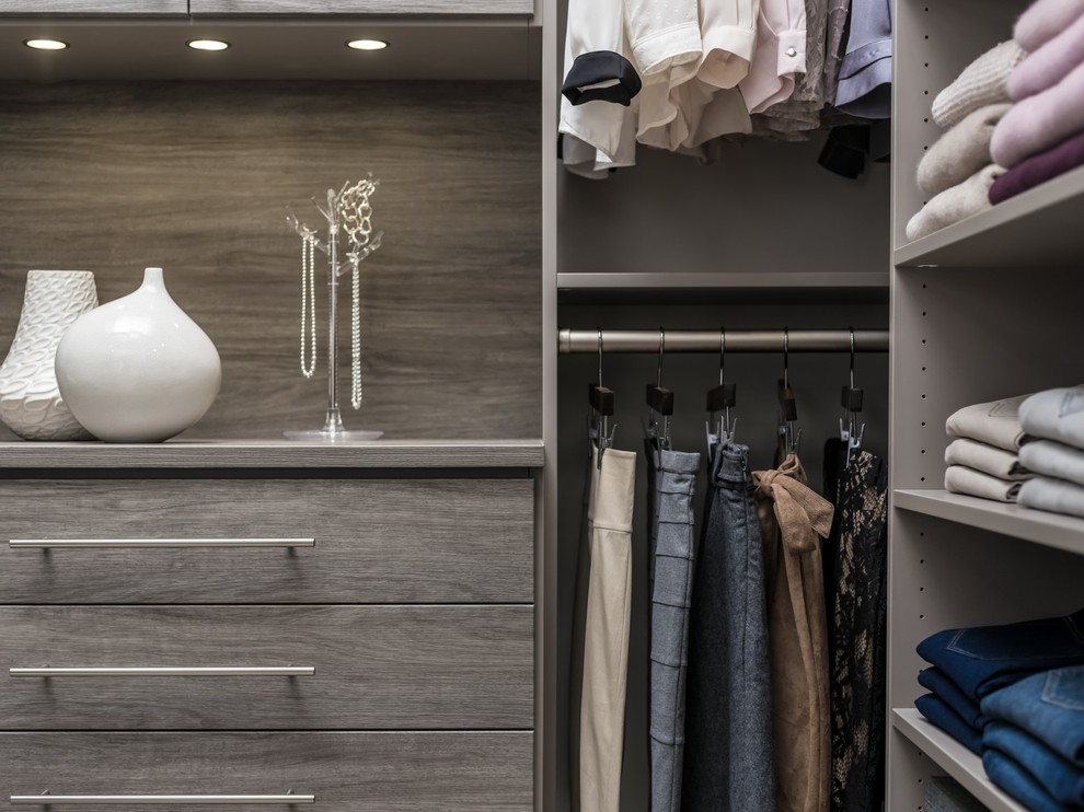 Walk-in closet - large contemporary gender-neutral carpeted and gray floor walk-in closet idea in Chicago with flat-panel cabinets and gray cabinets