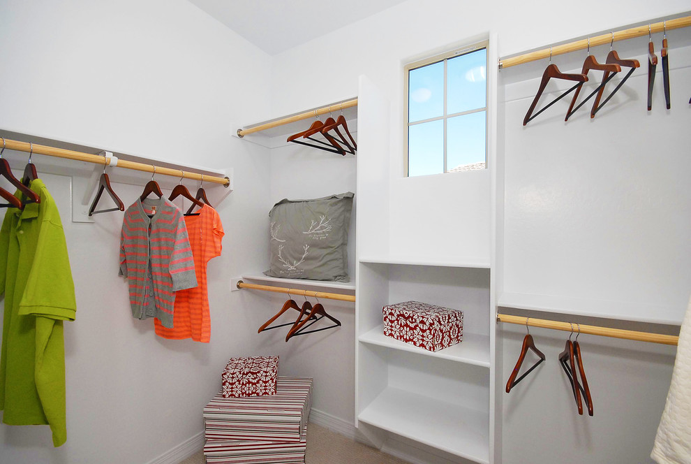 Example of a mid-sized gender-neutral carpeted walk-in closet design in Phoenix