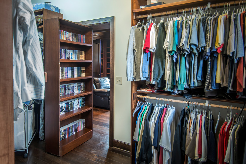 Design ideas for a large traditional gender neutral walk-in wardrobe in Omaha with dark hardwood flooring.
