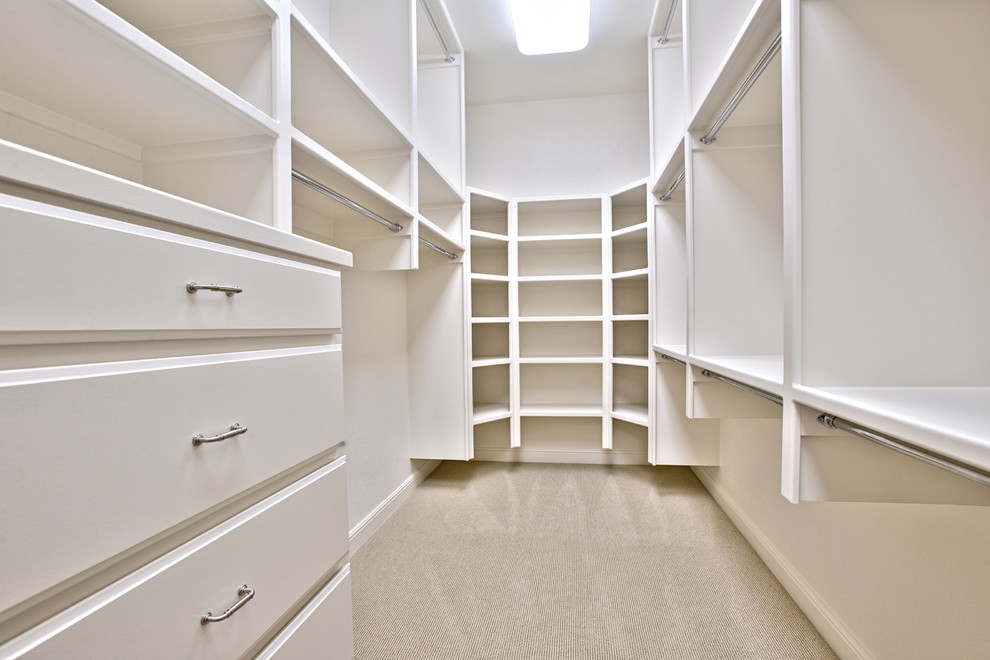 Walk-in closet - large transitional gender-neutral carpeted walk-in closet idea in Dallas with raised-panel cabinets and white cabinets
