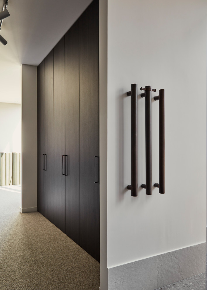 Стильный дизайн: большая гардеробная комната унисекс в современном стиле с плоскими фасадами, коричневыми фасадами, ковровым покрытием и серым полом - последний тренд