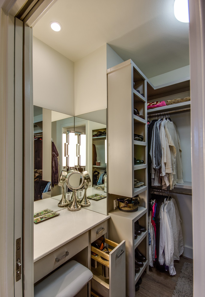 Inspiration for a mid-sized contemporary women's medium tone wood floor walk-in closet remodel in Austin with flat-panel cabinets and white cabinets