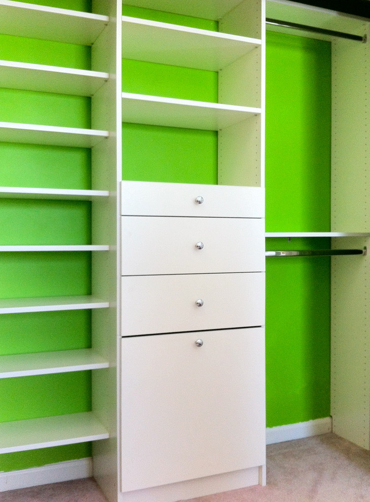 Ejemplo de armario clásico con armarios con paneles lisos, puertas de armario blancas y moqueta