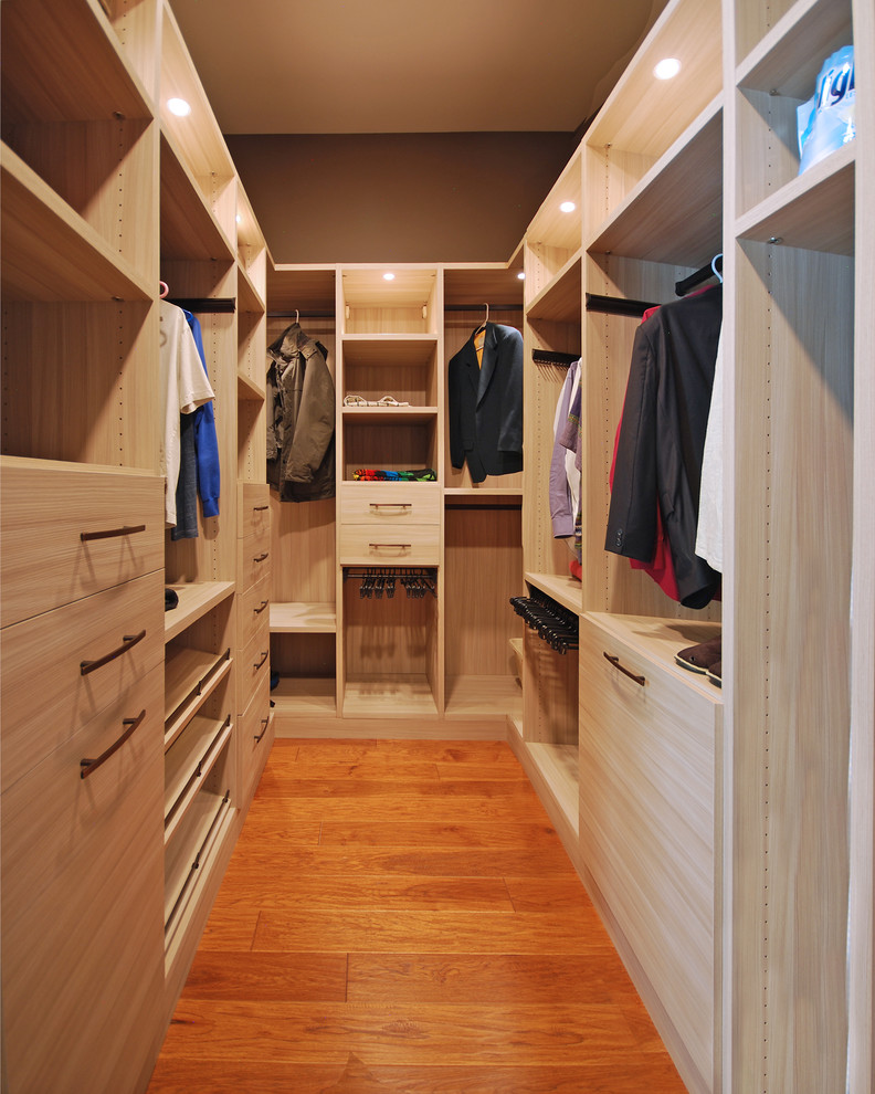 Imagen de armario vestidor de hombre clásico de tamaño medio con armarios con paneles lisos, puertas de armario de madera clara y suelo de madera en tonos medios