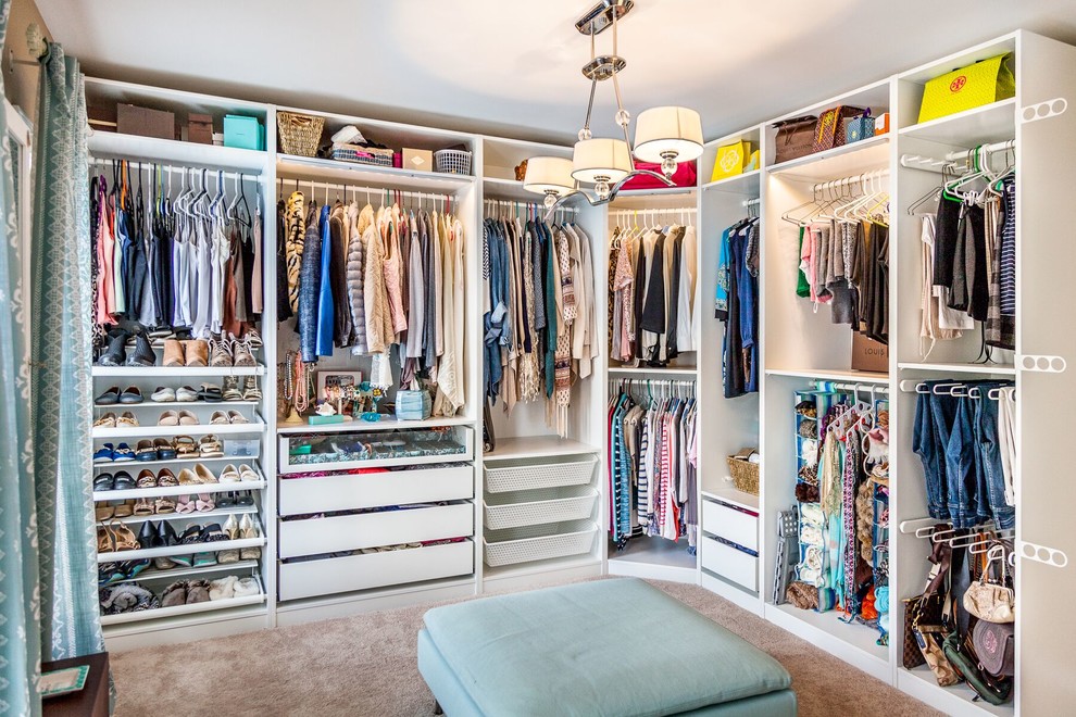 Inspiration for a large timeless women's carpeted and beige floor walk-in closet remodel in Atlanta with open cabinets and white cabinets