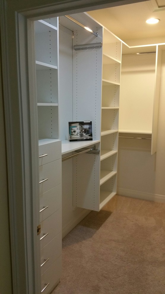 Inspiration for a medium sized classic walk-in wardrobe for men in Cincinnati with flat-panel cabinets, white cabinets and carpet.