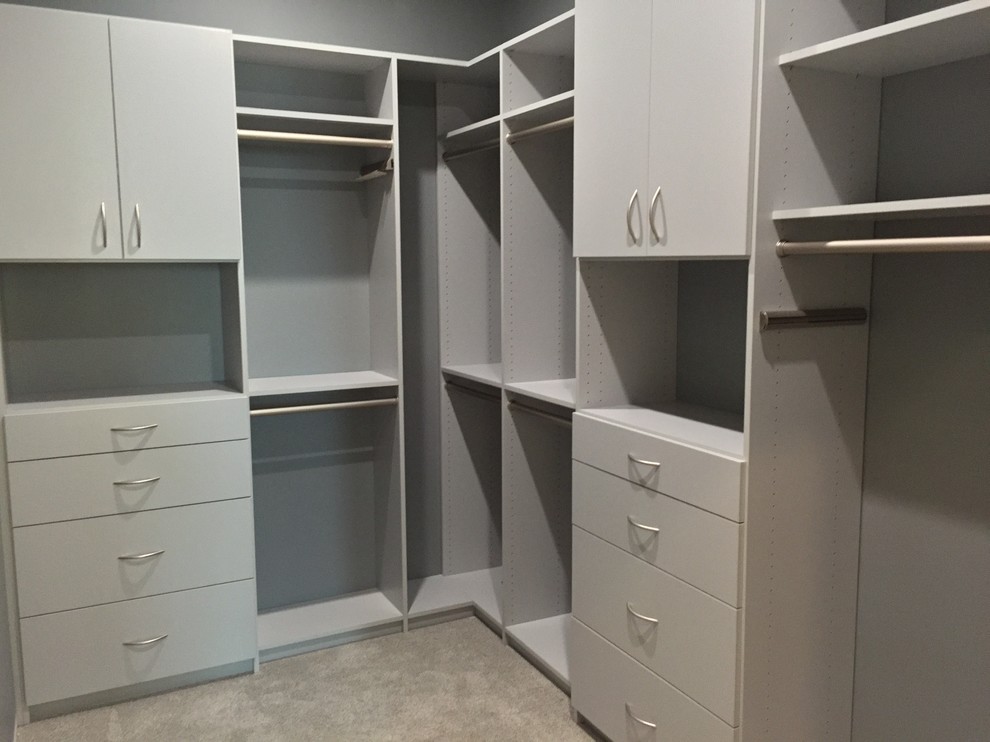 Walk-in closet - mid-sized contemporary gender-neutral carpeted walk-in closet idea in Columbus with flat-panel cabinets and gray cabinets