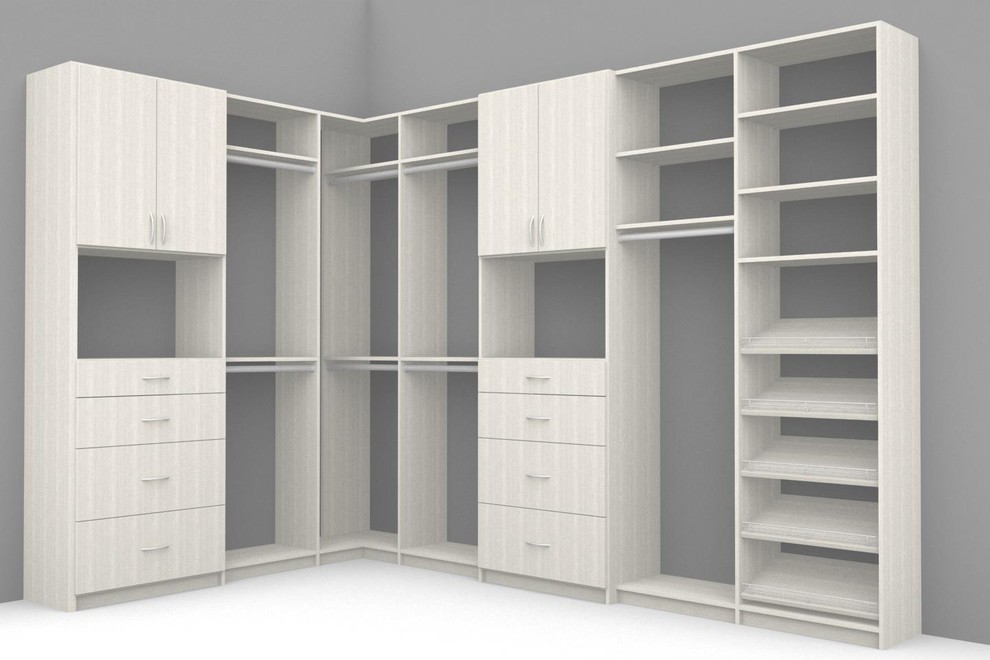 Photo of a medium sized contemporary gender neutral walk-in wardrobe in Columbus with flat-panel cabinets, grey cabinets and carpet.
