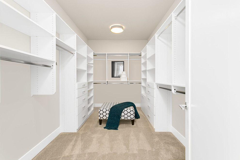 Immagine di una grande cabina armadio unisex minimalista con ante lisce, ante bianche e moquette