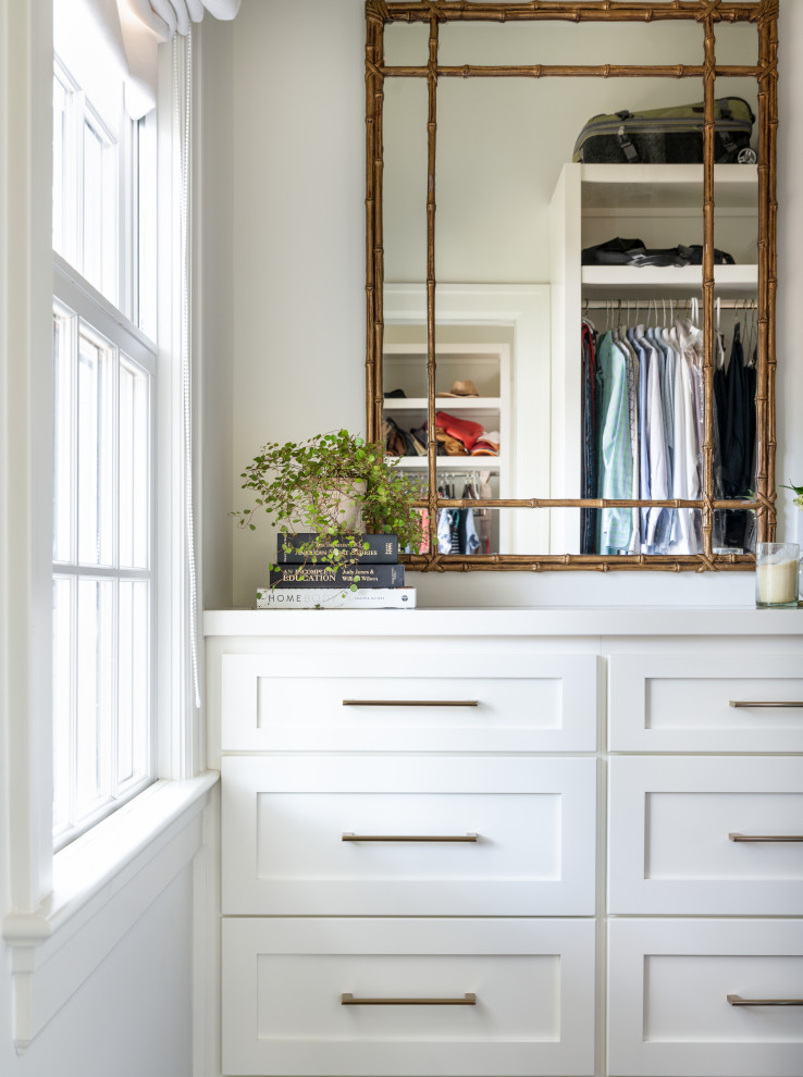 Inspiration for a large traditional built-in wardrobe in Nashville with shaker cabinets, white cabinets, slate flooring and black floors.