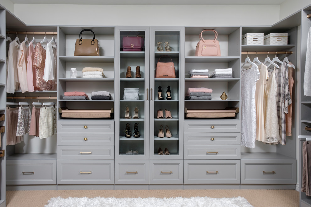 Walk-in closet - mid-sized modern women's carpeted and beige floor walk-in closet idea in Dallas with recessed-panel cabinets and gray cabinets