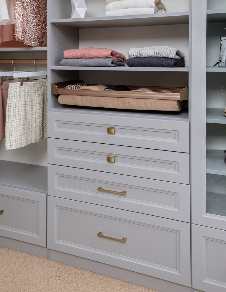 Foto de armario vestidor unisex minimalista de tamaño medio con armarios con paneles empotrados, puertas de armario grises, moqueta y suelo beige