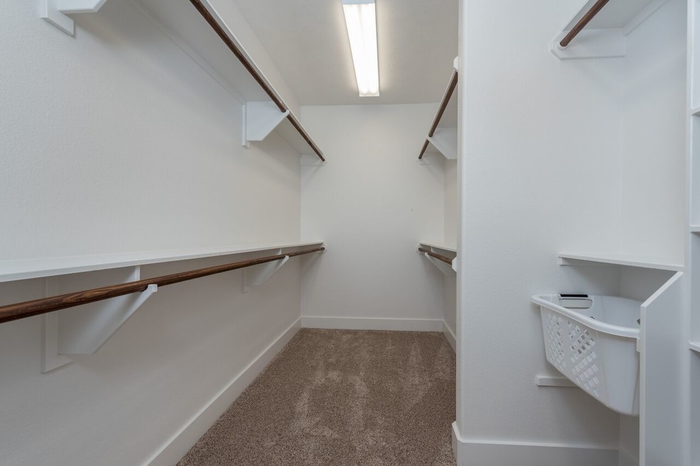 Walk-in closet - mid-sized craftsman gender-neutral carpeted walk-in closet idea in Other