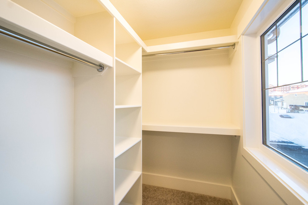 Medium sized traditional walk-in wardrobe in Calgary with open cabinets, white cabinets, carpet and brown floors.