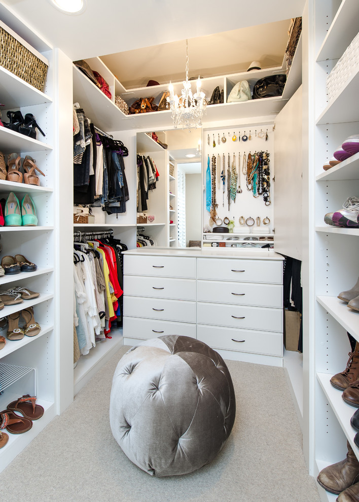 Example of a small transitional women's carpeted and gray floor walk-in closet design in Los Angeles with white cabinets and raised-panel cabinets