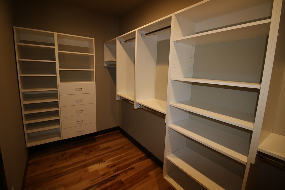 Closet - large modern gender-neutral medium tone wood floor closet idea in Other with beige cabinets