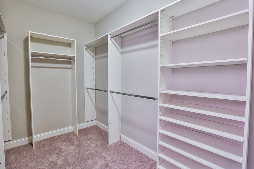 Walk-in closet - mid-sized contemporary gender-neutral carpeted walk-in closet idea in Minneapolis with open cabinets and white cabinets