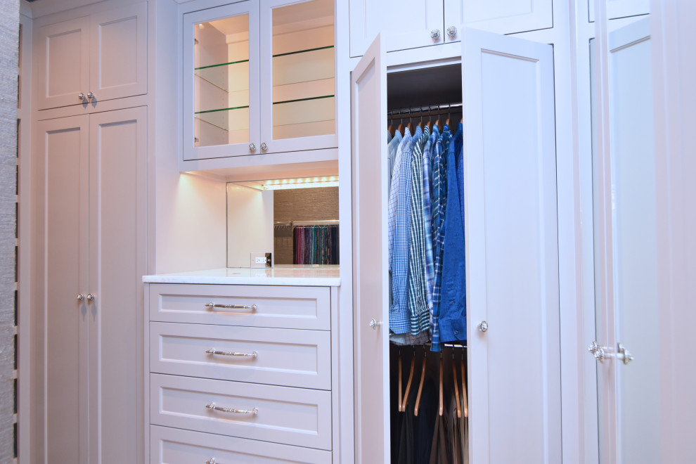 Inspiration for a medium sized traditional gender neutral walk-in wardrobe in Dallas with shaker cabinets, white cabinets, marble flooring and white floors.
