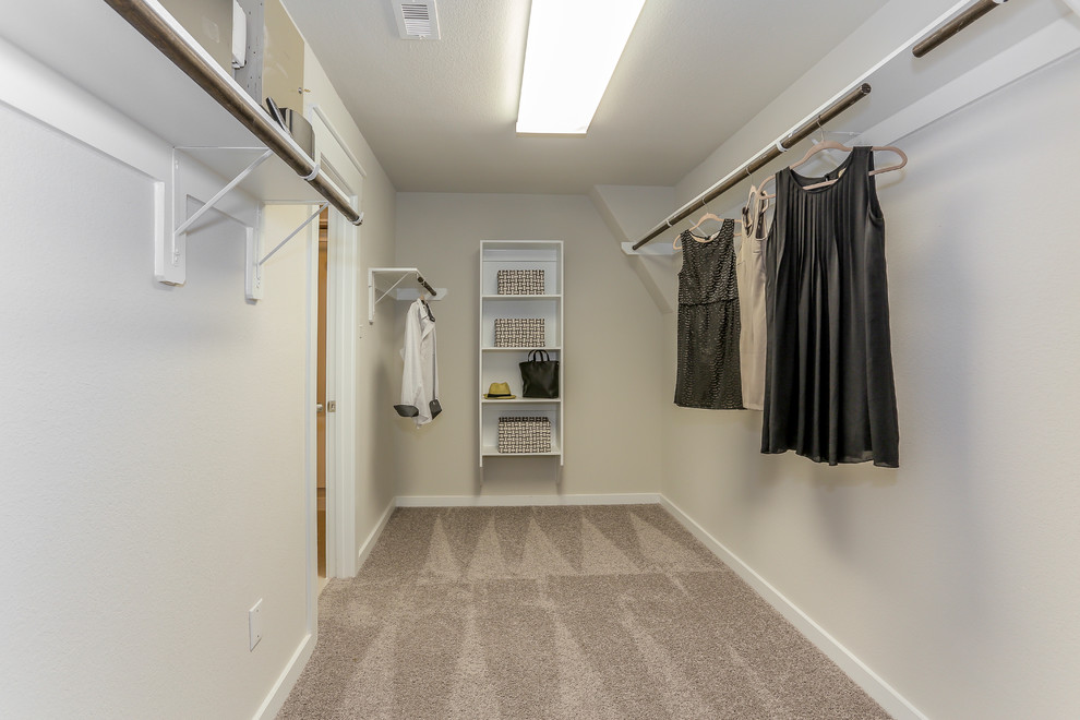 Modelo de armario vestidor clásico grande con armarios abiertos, puertas de armario blancas, moqueta y suelo beige