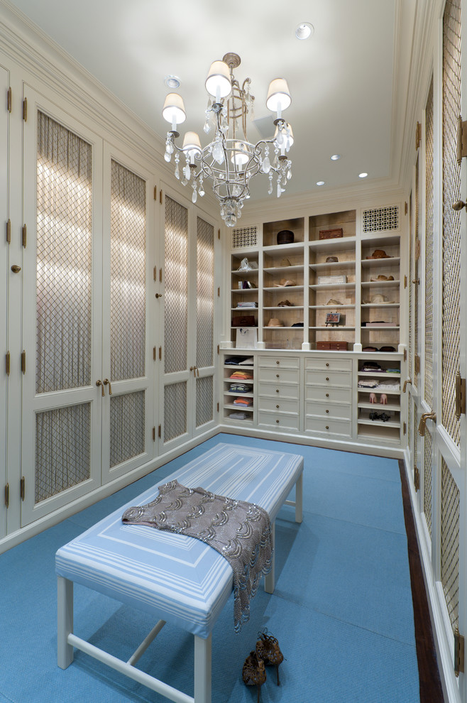 Источник вдохновения для домашнего уюта: большая гардеробная комната в классическом стиле с белыми фасадами, темным паркетным полом, синим полом и стеклянными фасадами для женщин
